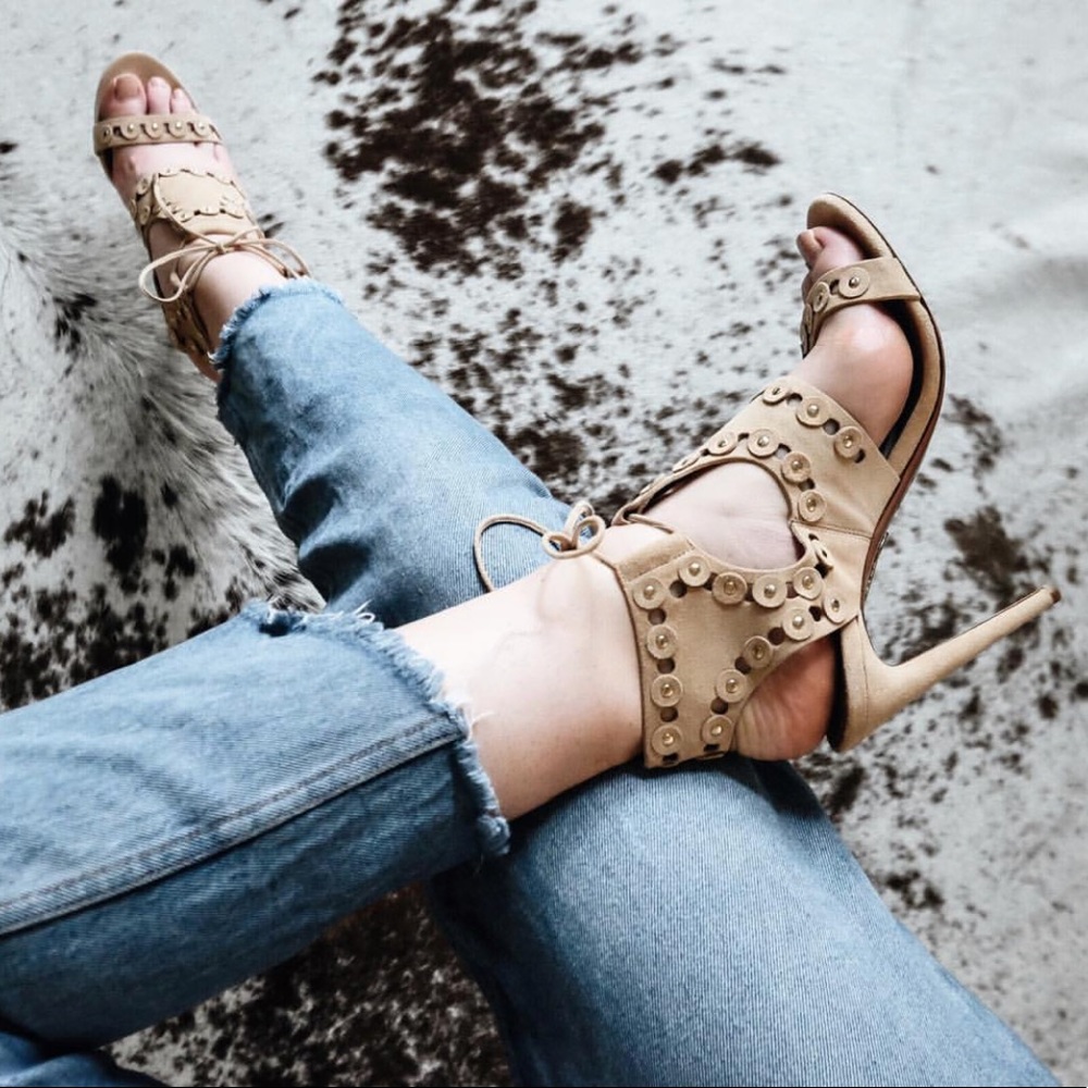 Aquazzura rebel stud disc caged sandal nude